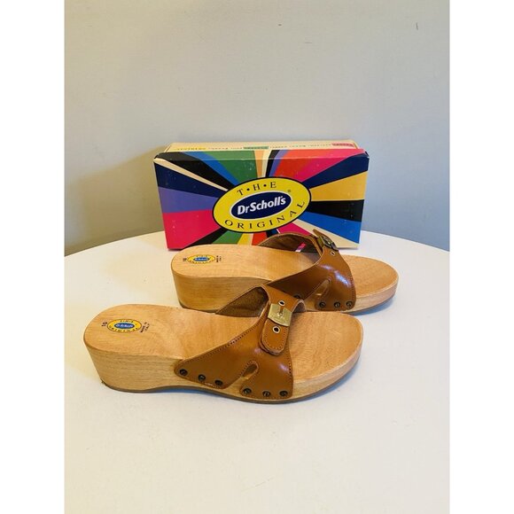 Dr Scholls Women Size 10 M Wood Exercise Clog Sandal Tan Leather Slide Shoe New - Picture 4 of 15